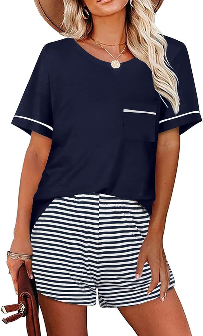 Ekouaer Women's Fit Short-Sleeve Sleepwear with Pockets, Striped Shorts | Amazon (US)