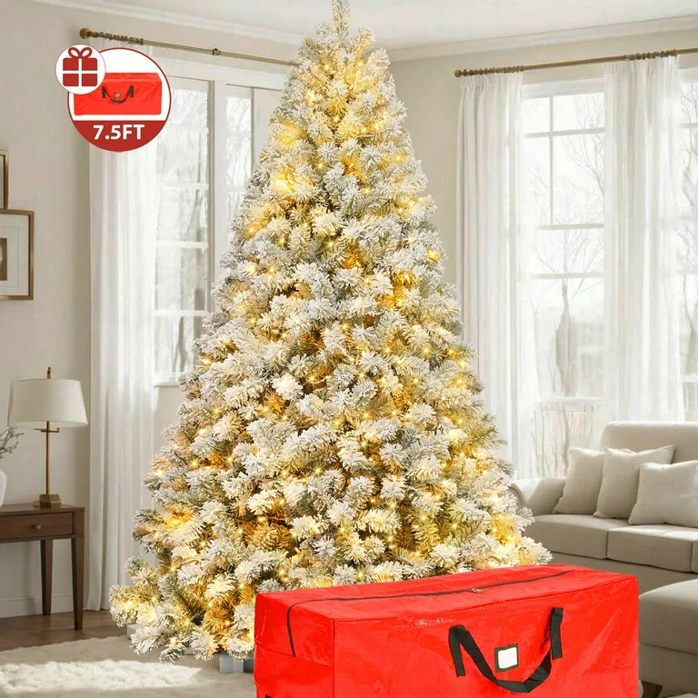 IZNEN 7.5ft Pre-Lit Snowflake Flocked Christmas Tree,8 Modes LED Lights,Artificial Xmas Tree with... | Walmart (US)