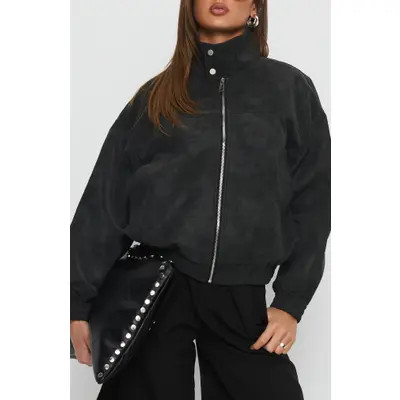 Princess Polly Ellissa Faux Suede Bomber Jacket in Black at Nordstrom, Size 8 | Nordstrom