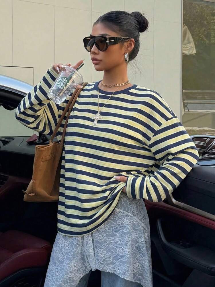 Muchica Casual Minimalist Blue & Green Striped Long Sleeve Loose T-Shirt, Suitable For Sports, St... | SHEIN