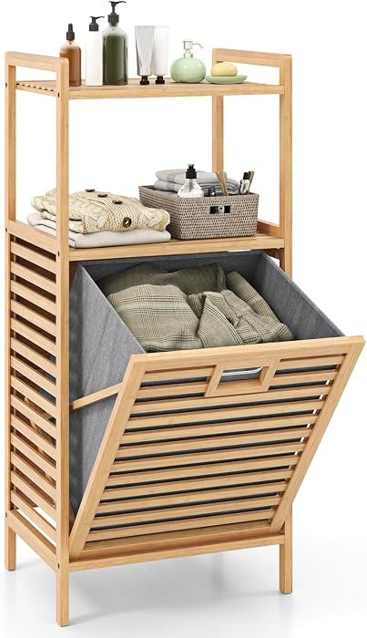 Giantex Tilt Out Laundry Hamper, Bamboo Laundry Storage Cabinet w/ 2-Tier Storage Shelves, Foldab... | Amazon (US)