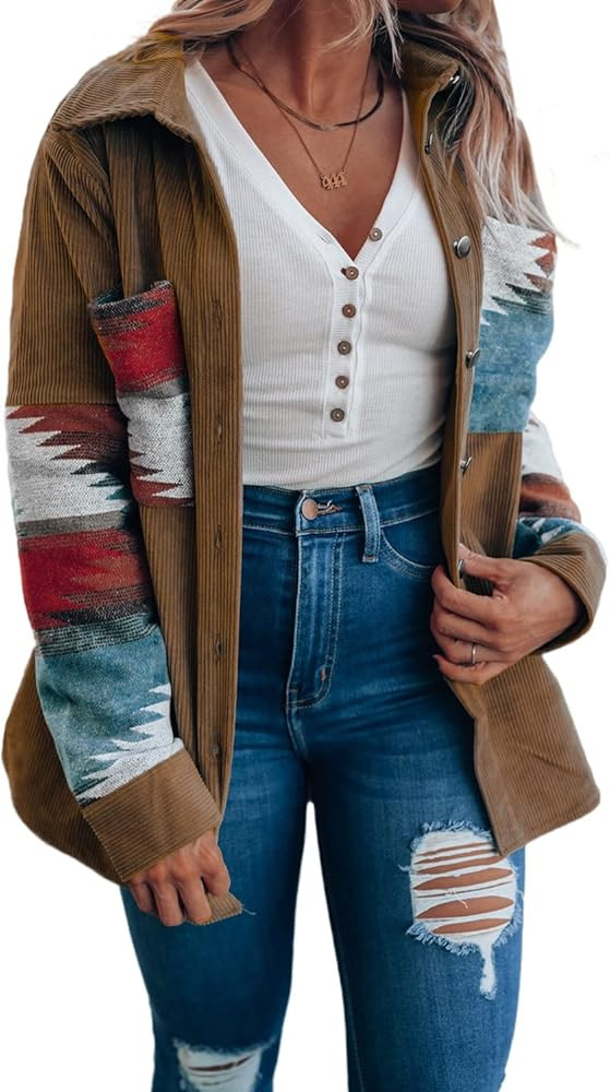 Meufam Women Vintage Aztec Color Block Shacket Jacket Casual Corduroy Ethnic Style Long Sleeve Bl... | Amazon (US)