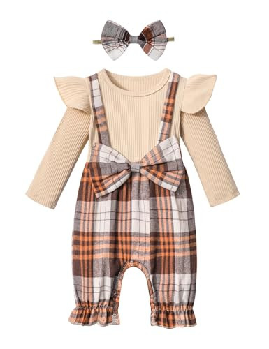 Queenstyle Baby Girl Clothes 9-12 Months Fall Romper Ruffle Brown Plaid Long Sleeve Jumpsuit Cute Infant Girl Winter Outfits | Amazon (US)