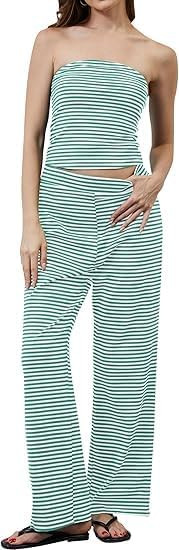 Women’s 2 Piece Sets Striped Summer Matching Outfits Strapless Crop Tube Top and Wide Leg Pants... | Amazon (US)