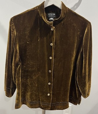 Vintage CITRON Santa Monica Women Velvet Shirt M Brown Long Sleeve Embellished | eBay US