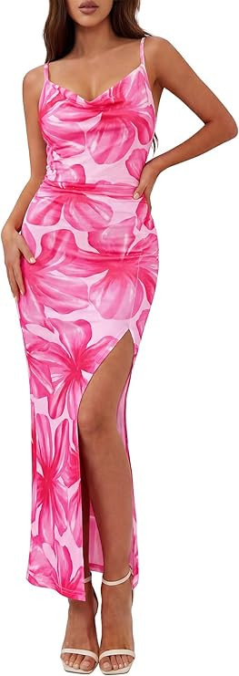 BTFBM Summer Dresses for Women 2026 Bodycon Spaghetti Strap Floral High Split Maxi Cocktail Weddi... | Amazon (US)