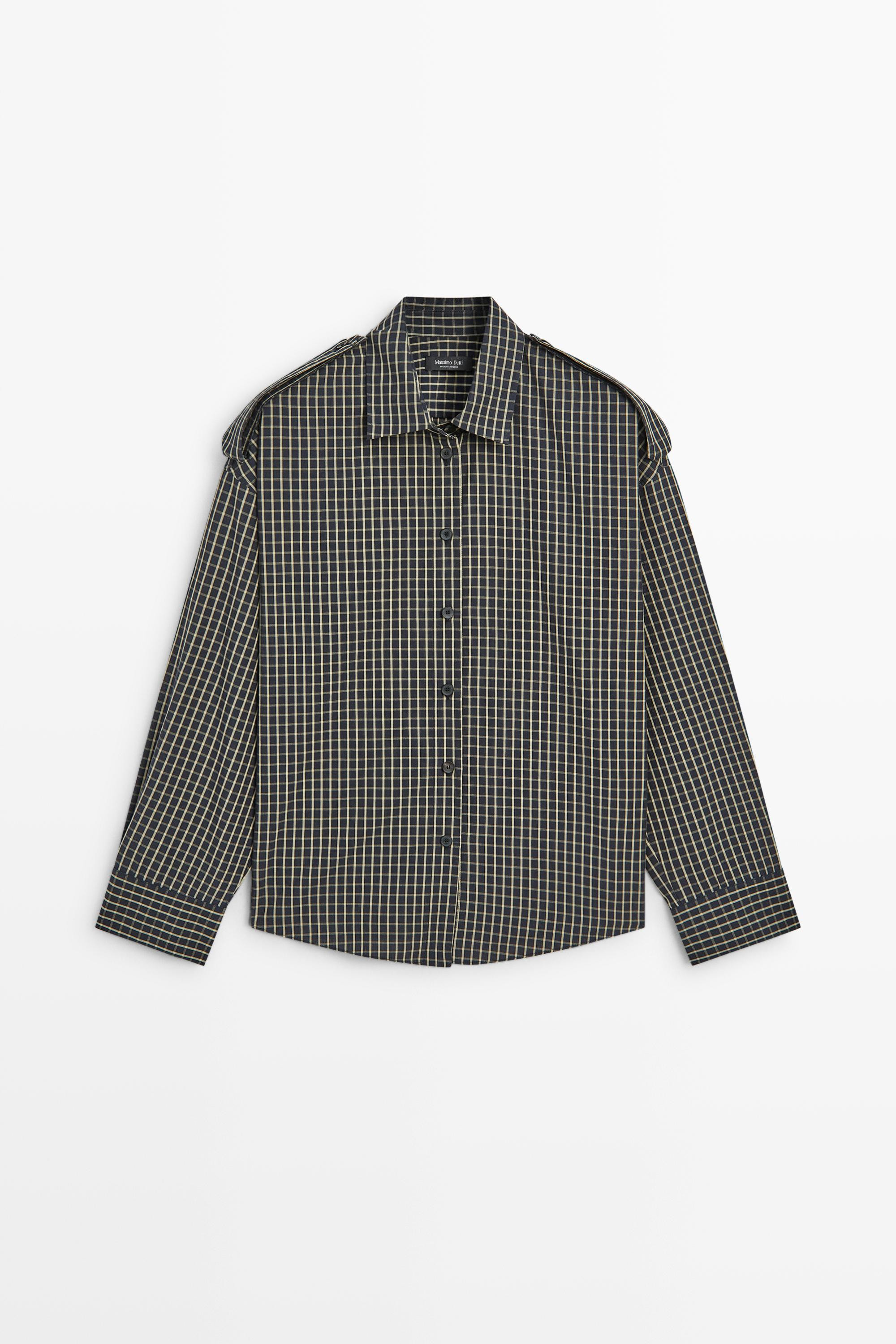 Chemise à carreaux détail épaules 100 % coton - BLEU SOMBRE | Massimo Dutti FR
