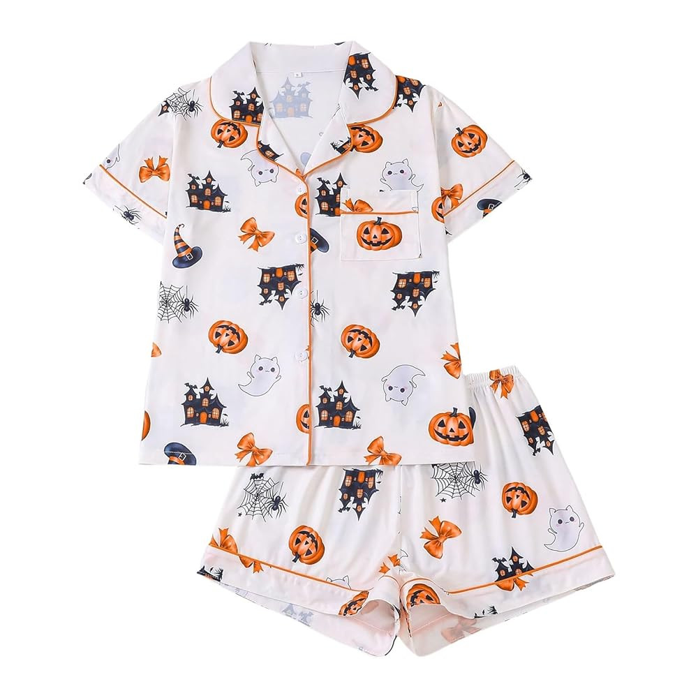 Halloween Pajamas Women Costume 2 Piece Ghost Pumpkin Print Shirts and Shorts Pjs Set Button Up S... | Amazon (US)