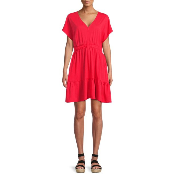 Time and Tru Women's  Short Sleeve Knit V-Neck Dress - Walmart.com | Walmart (US)