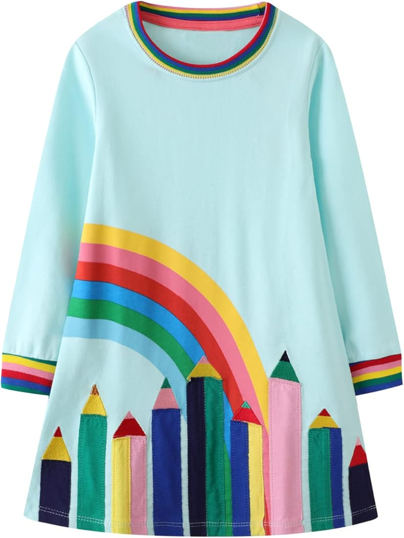 Youlebao Girls Cotton Long Sleeve Casual Cartoon Appliques Striped Jersey Dresses | Amazon (US)