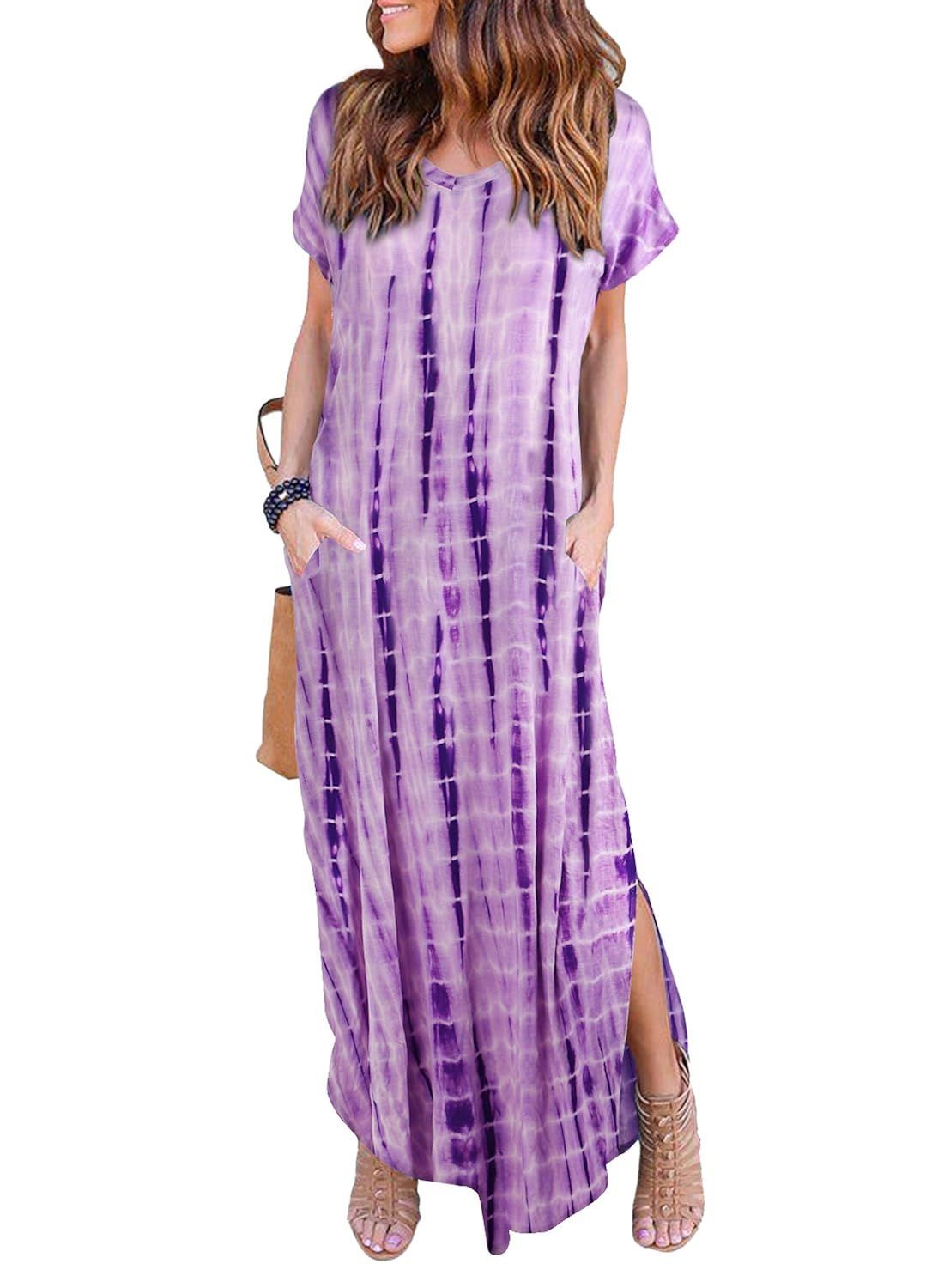 Women's Summer Maxi Dress Casual Loose Pockets Long Dress Short Sleeve Split | Amazon (US)