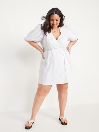 Waist-Defined Puff-Sleeve Linen-Blend Mini Wrap Dress for Women | Old Navy (US)