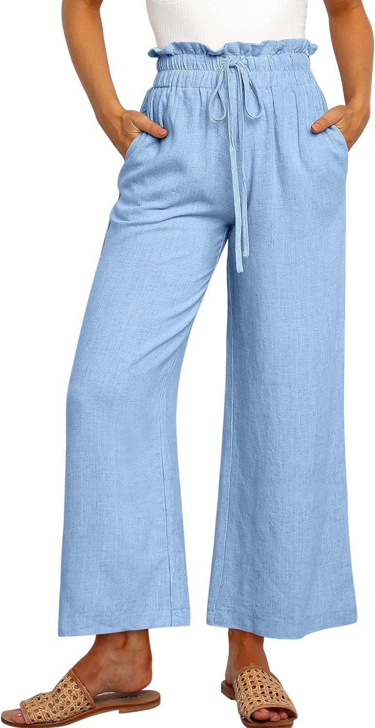 ANRABESS Women's Linen Pants Casual Loose High Waist Drawstring Wide Leg Capri Palazzo Pants Trou... | Amazon (US)