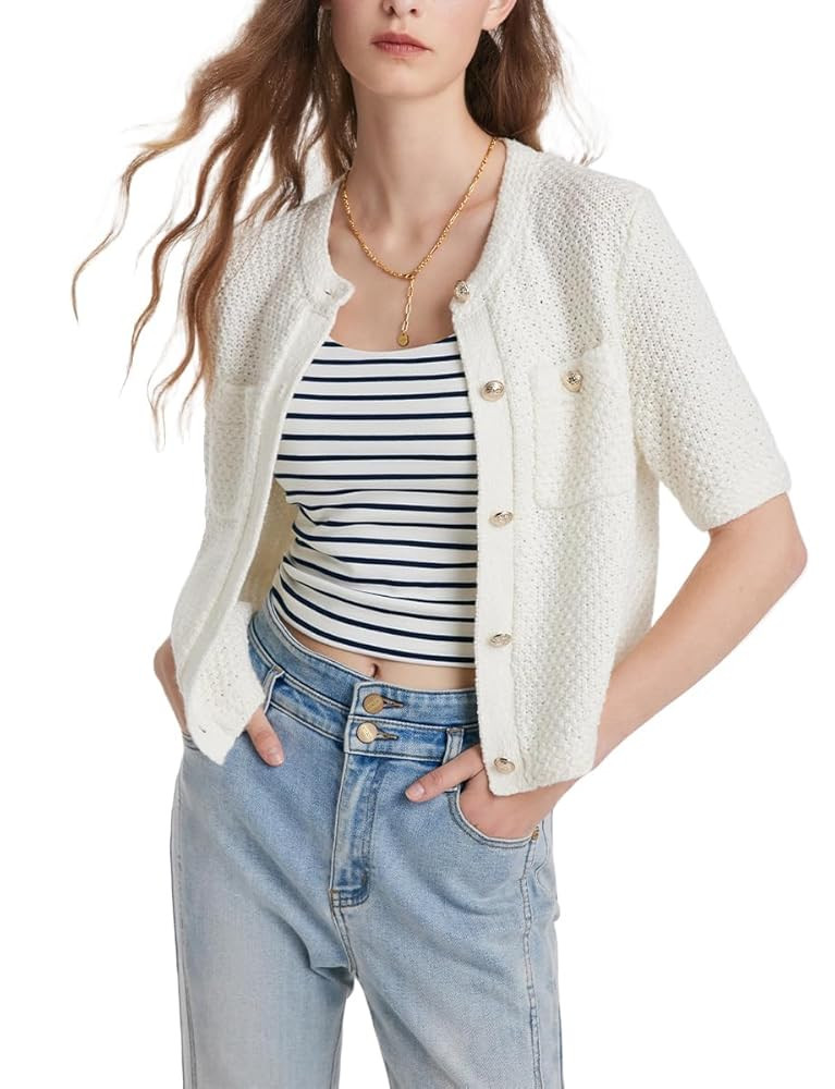 Women's Summer Cropped Cardigan Knitted Blouse Top Short Sleeve Crewneck Button Up Open Front T S... | Amazon (US)