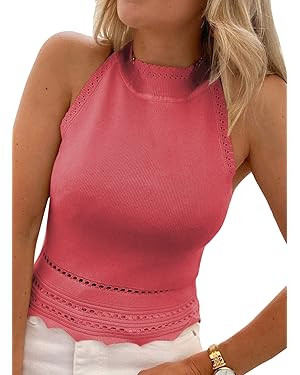 EVALESS Womens Tank Tops Summer Ribbed Knit Racerback High Neck Halter Crop Tops Blouses Sleevele... | Amazon (US)