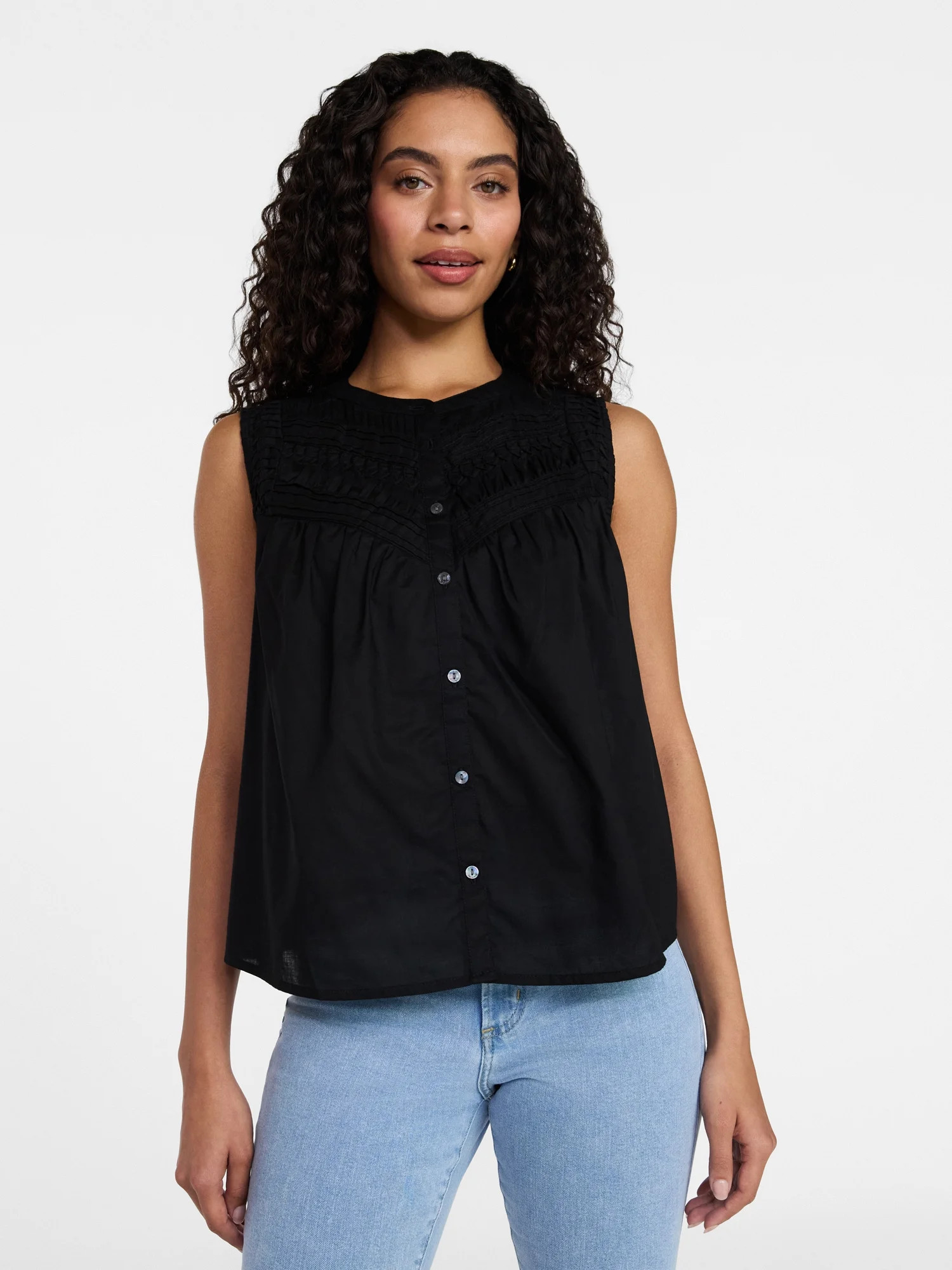 Time and Tru Women's Cotton Sleeveless Pleated Top, Sizes XS-XXXL | Walmart (US)