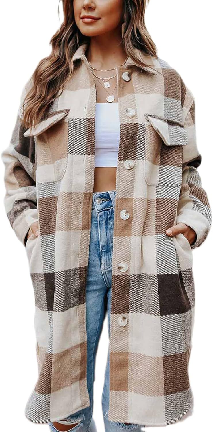 Women Casual Button Up Plaid Wool Coat,Long Seelve Turn Down Collar Pocketed Shacket Jacket | Amazon (CA)