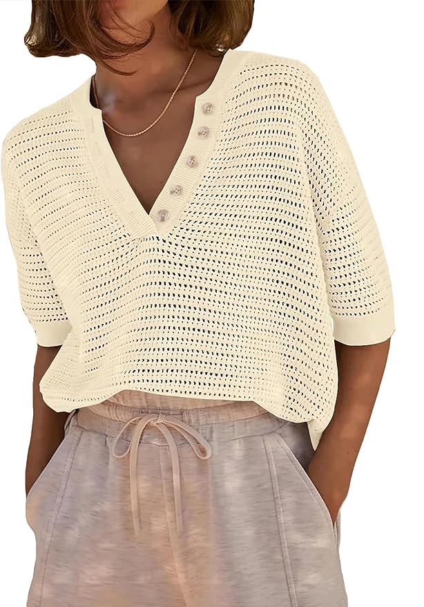 Imily Bela Womens Short Sleeve Summer Tops Casual Crochet V Neck Button Up Hollow Out Knit Sweate... | Amazon (US)