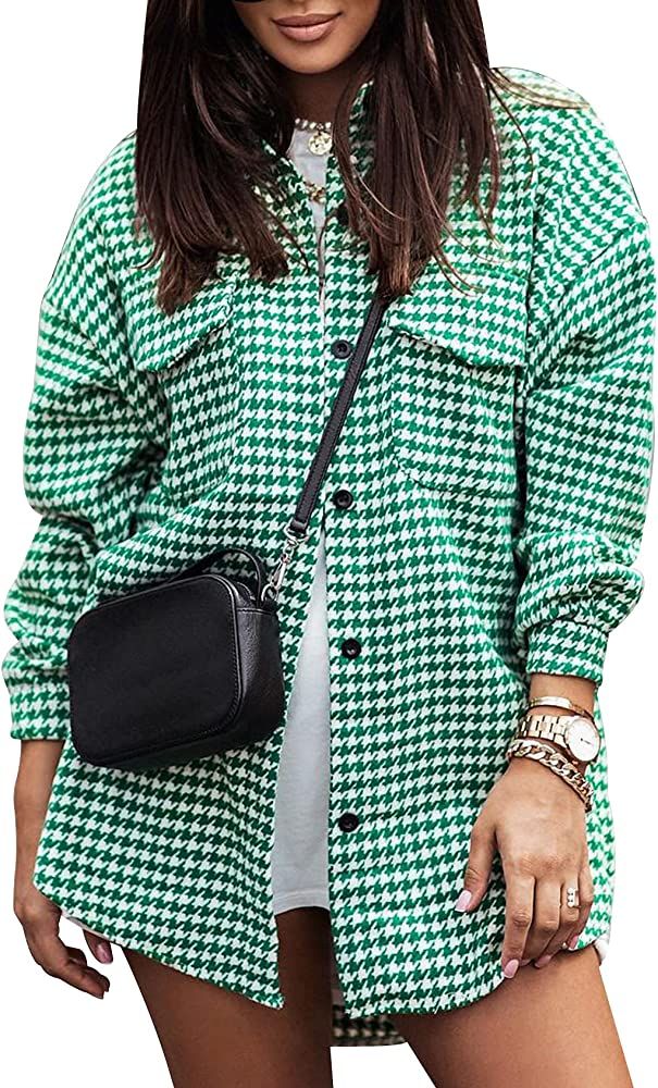 Arssm Women's Houndstooth Shacket Long Sleeve Button Down Oversized Plaid Shirt Jacket | Amazon (US)