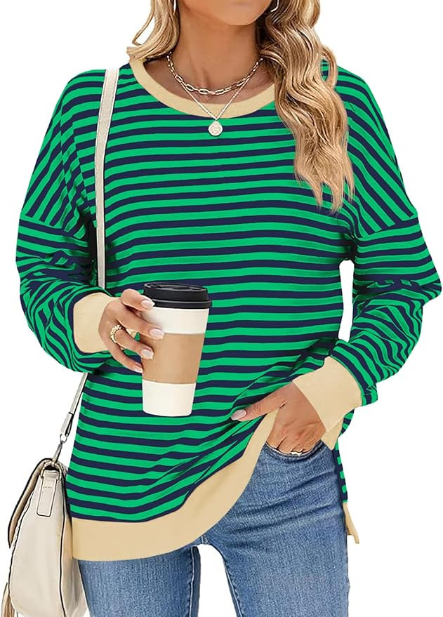 Fisoew Womens Casual Striped Sweatshirt Color Block Long Sleeve Side Slit Loose Shirt Pullover Fa... | Amazon (US)