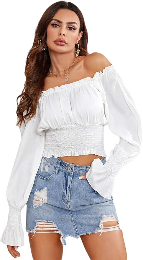 Romwe Women's Off The Shoulder Flounce Long Sleeve Shirred Crop Tops Blouse | Amazon (US)