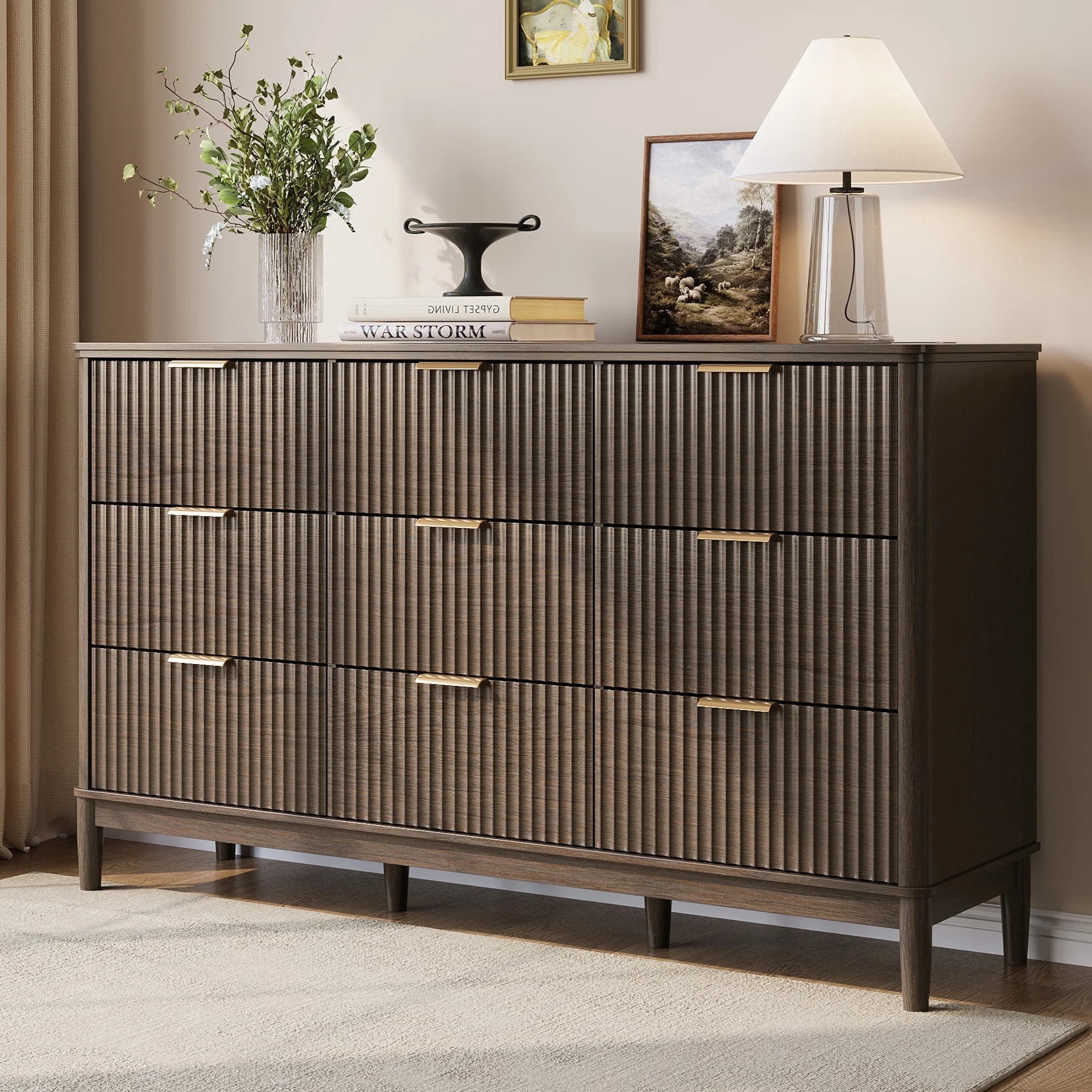 Linsy Home Oversized Fluted Dressers for Bedroom, Wide Chest of 9 Drawers, Dark Brown | Walmart (US)