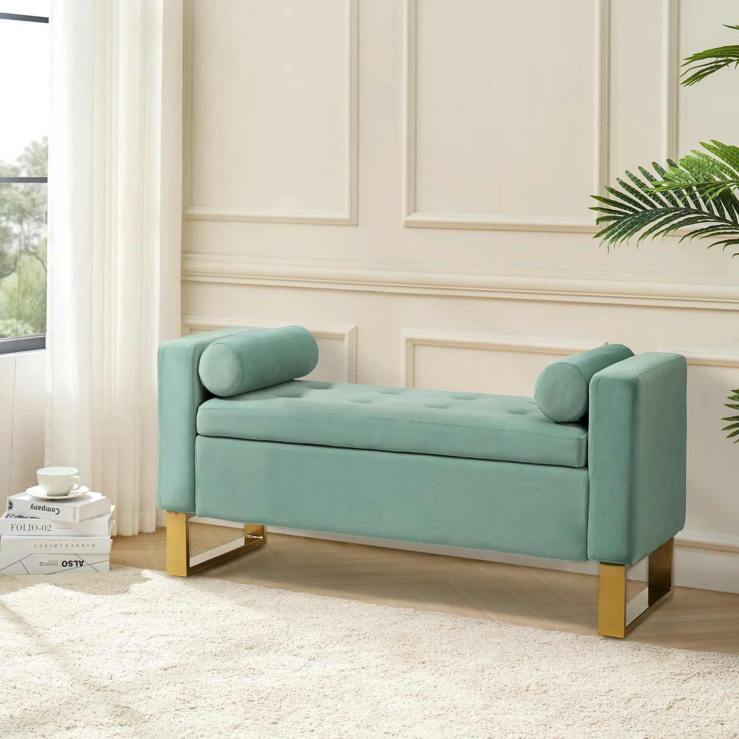 Vallejo 50.4'' W Modern Upholstered Flip Top Storage Bench with Two Pillows and Tufted | Wayfair North America