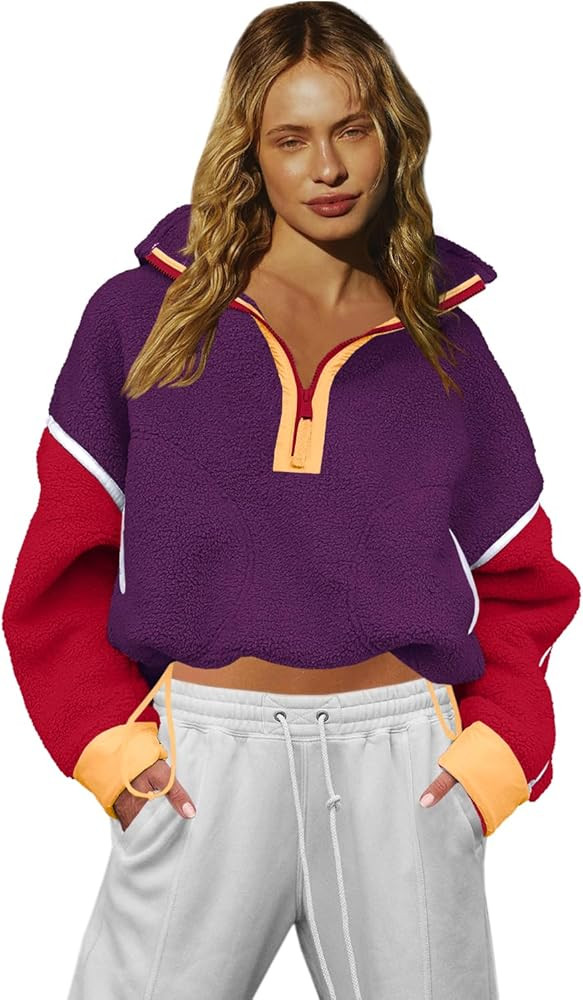 LAMISSCHE Half Zip Sweatshirt Women Oversized Sherpa Jacket V Neck Fleece Pullover Hoodie with Po... | Amazon (US)