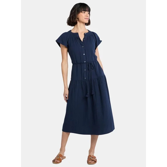 Time and Tru Women's Double Cloth Cotton Midi Dress, Sizes XS-XXXL | Walmart (US)