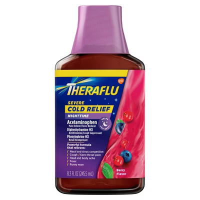 Theraflu Severe Cold Relief Nighttime Liquid Berry, Maximum Strength Cold & Flu Symptom Relief, 8.3 oz | Target