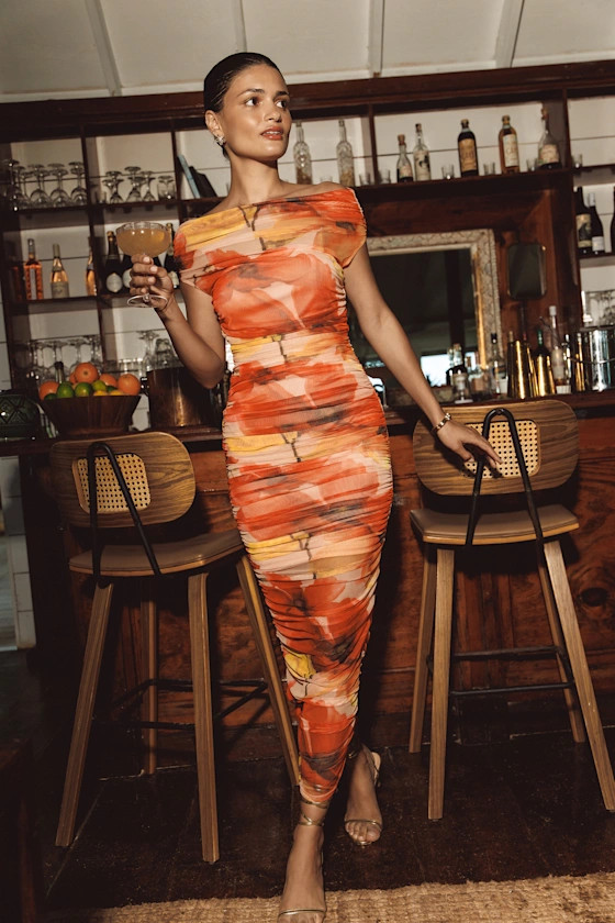 Sunama Orange Floral Mesh Ruched Bodycon Midi Dress | Lulus