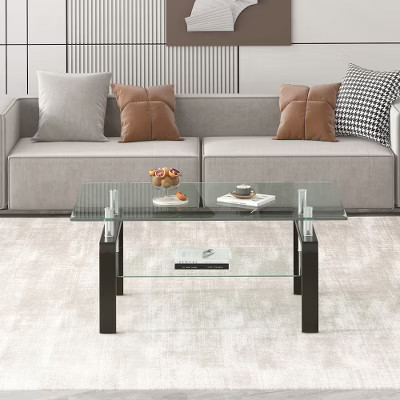 ACEPANO 39.37 in. W Rectangular 2-Layers Coffee Table with Tempered Clear Glass-Transparent | Target