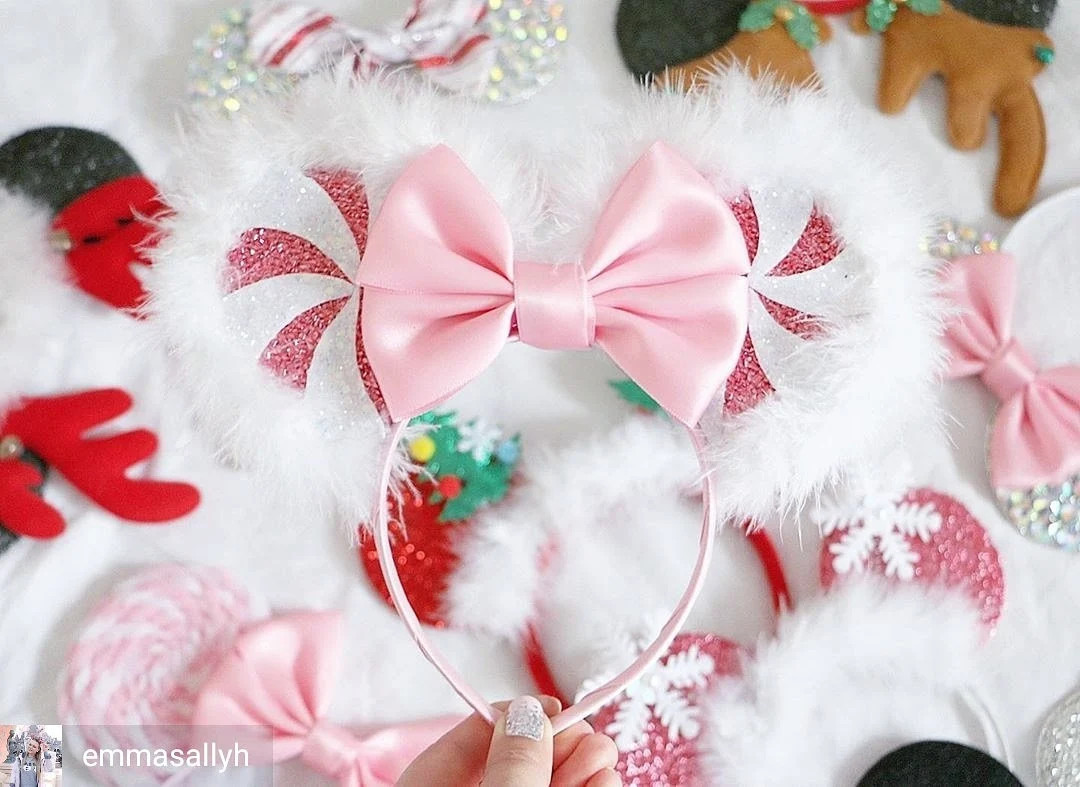 Fluffy Candy Cane Minnie Mouse Ears With Satin Bow Xmas - Etsy | Etsy (US)