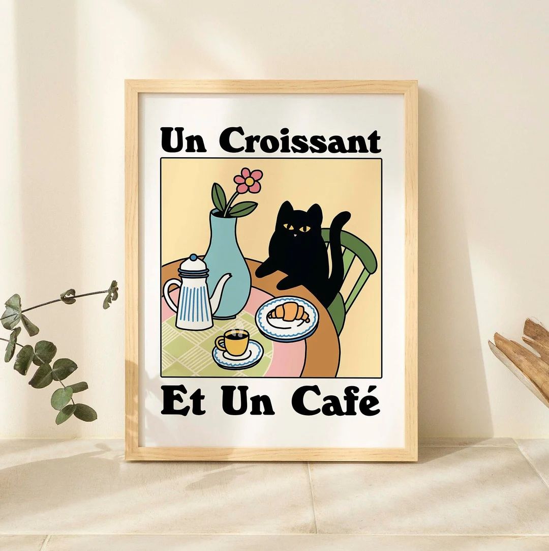 French Cafe Croissant Cat Print, Retro Drink Poster, Bistro Coffee Posters, Un Cafe Sil Vous Plai... | Etsy (US)