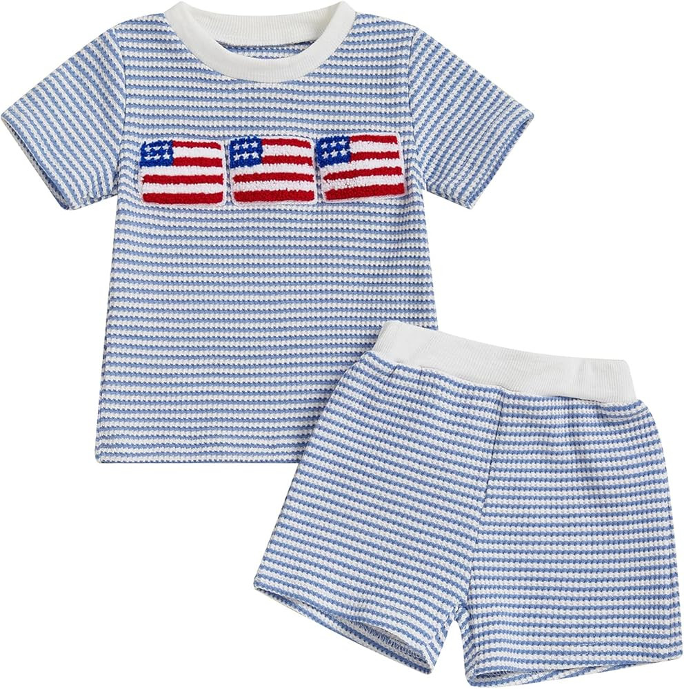 Karuedoo 4th of July Toddler Baby Boy Outfit USA Flag Embroidery Stripe Waffle Knit Short Sleeve ... | Amazon (US)