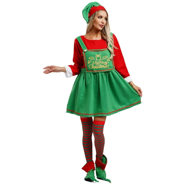 Sxiwei Womens 4Pcs Santa Claus Cosplay Costume Christmas Green Elf Velvet Dress Outfit for Xmas P... | Walmart (US)