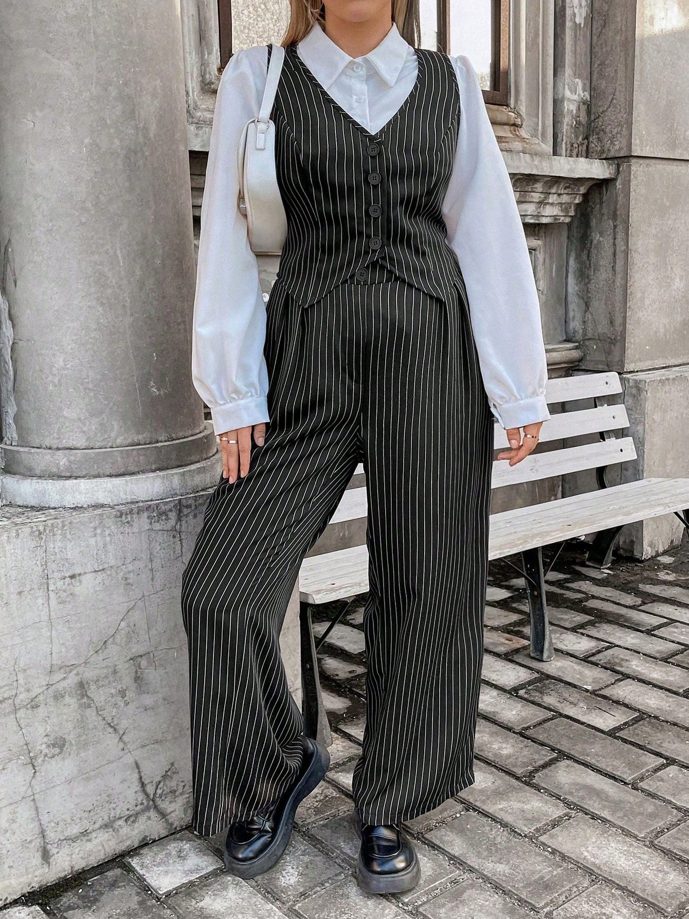 Plus Vertical Striped Vest Blazer & Wide Leg Pants | SHEIN