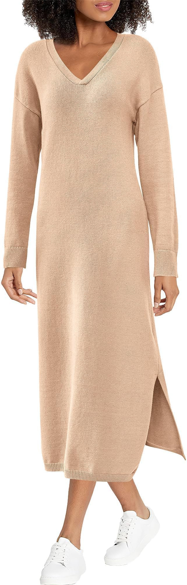 BTFBM Women Fall Sweater Dress Casual V Neck Long Sleeve Slit Knit Oversized Maternity Sweaters M... | Amazon (US)