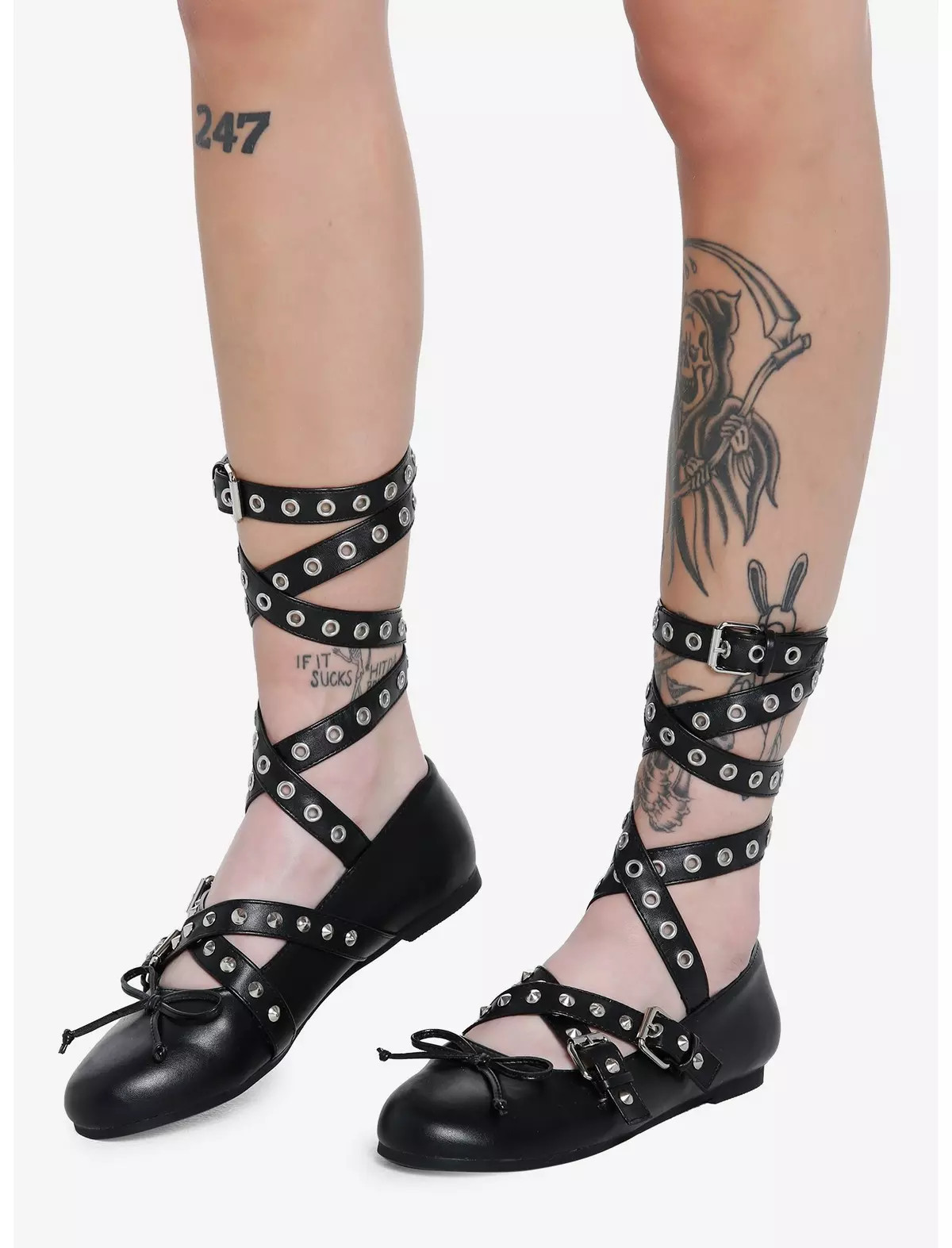 Black Grommet & Stud Ankle Wrap Ballet Flats | Hot Topic
