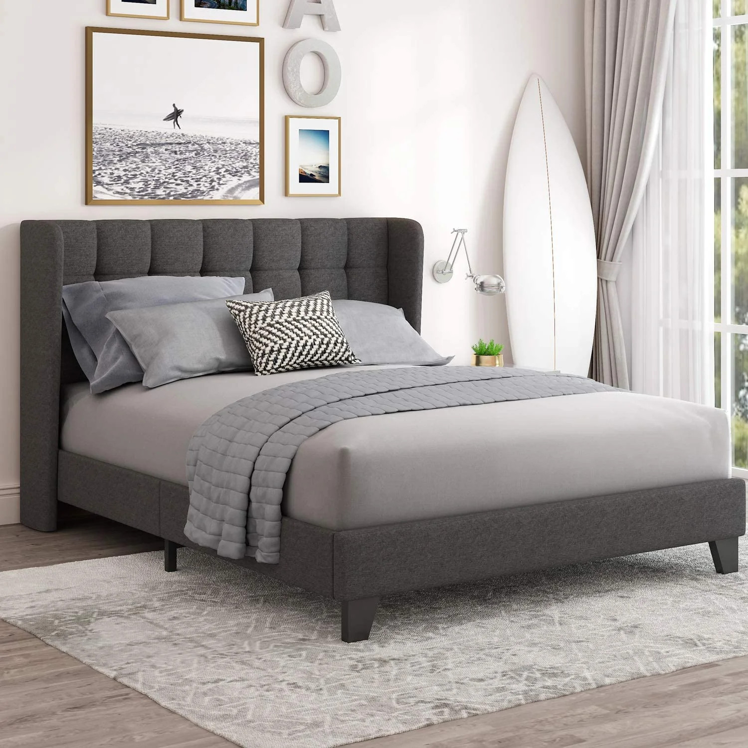 Einfach Queen Platform Bed Frame with Square Stitched Headboard, Dark Grey | Walmart (US)