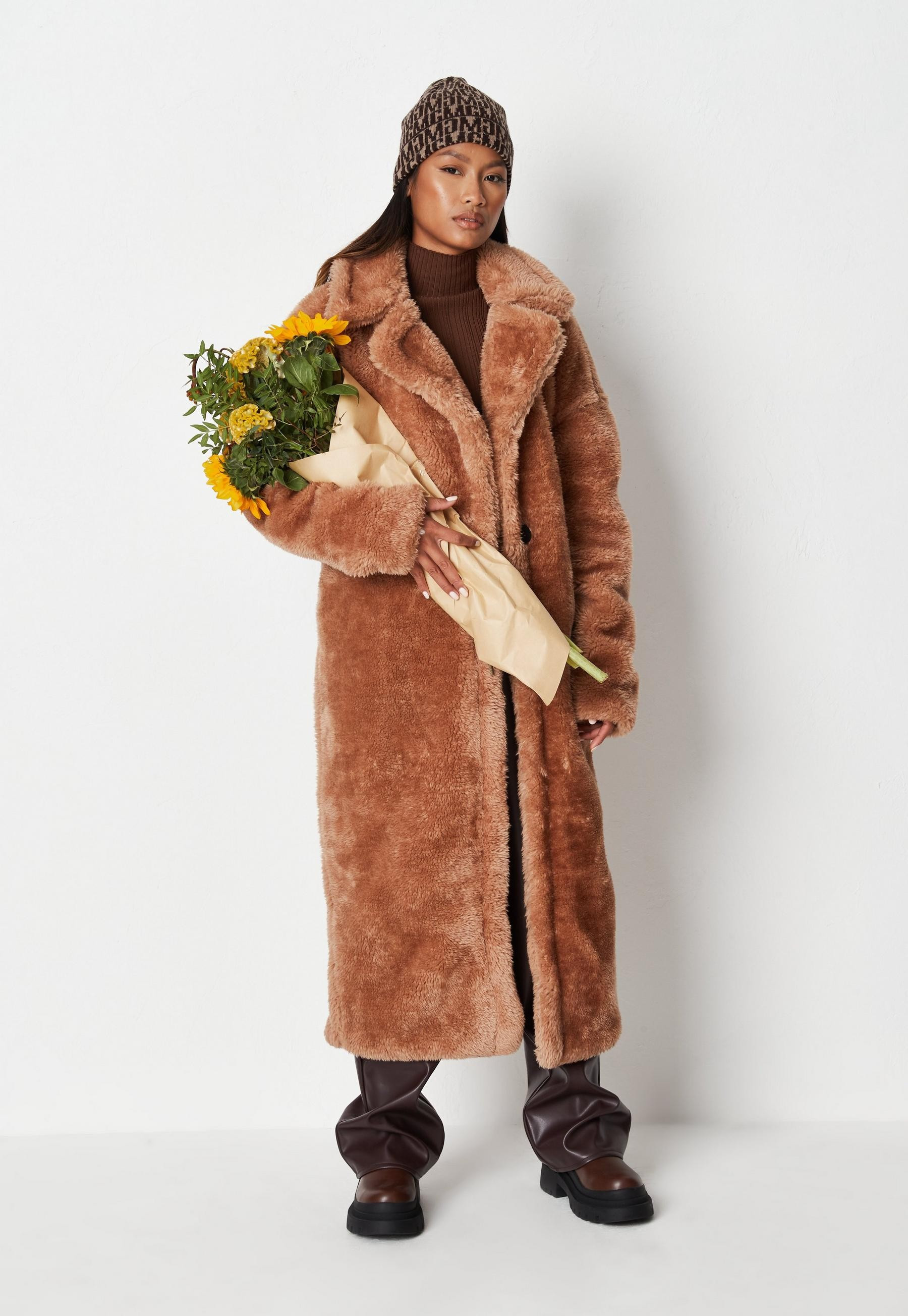 Missguided - Tan Borg Teddy Seam Detail Longline Coat | Missguided (US & CA)