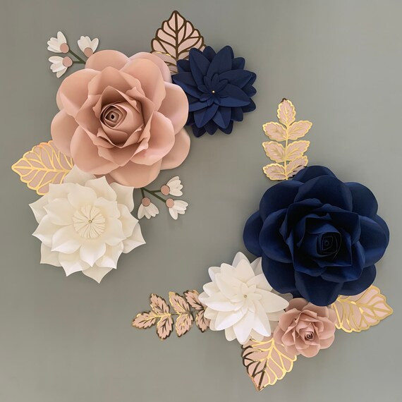 Paper Flowers Wall Decor, Paper Flowers for Girls Room, Floral Nursery, Navy and Blush Pink paper... | Etsy (US)