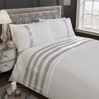 DIAMANTE SEQUIN BANDS PINTUCK WHITE COTTON BLEND KING SIZE 4 PIECE BEDDING SET | Bonanza (Global)