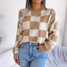 Street Style Colorblock Checkerboard Pattern Long Sleeve Crew Neck Knit Sweater For Women, Christmas, Autumn/Winter | SHEIN