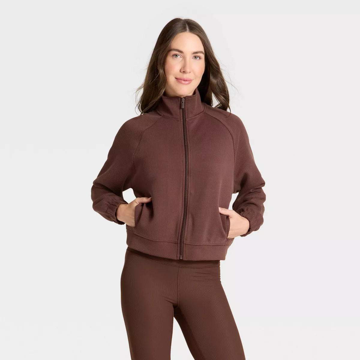 Women's Airy Sleek Ribbed Full Zip Jacket - All In Motion™ Brown | Target