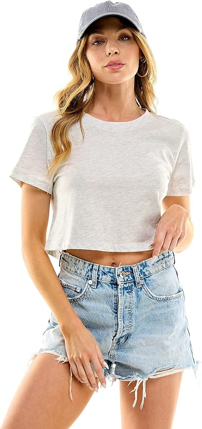 Women's Boxy Crop Top Round Neck Short Sleeve Casual 100% Cotton Cropped Tee T-Shirt | Amazon (US)