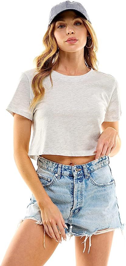 Women's Boxy Crop Top Round Neck Short Sleeve Casual 100% Cotton Cropped Tee T-Shirt | Amazon (US)