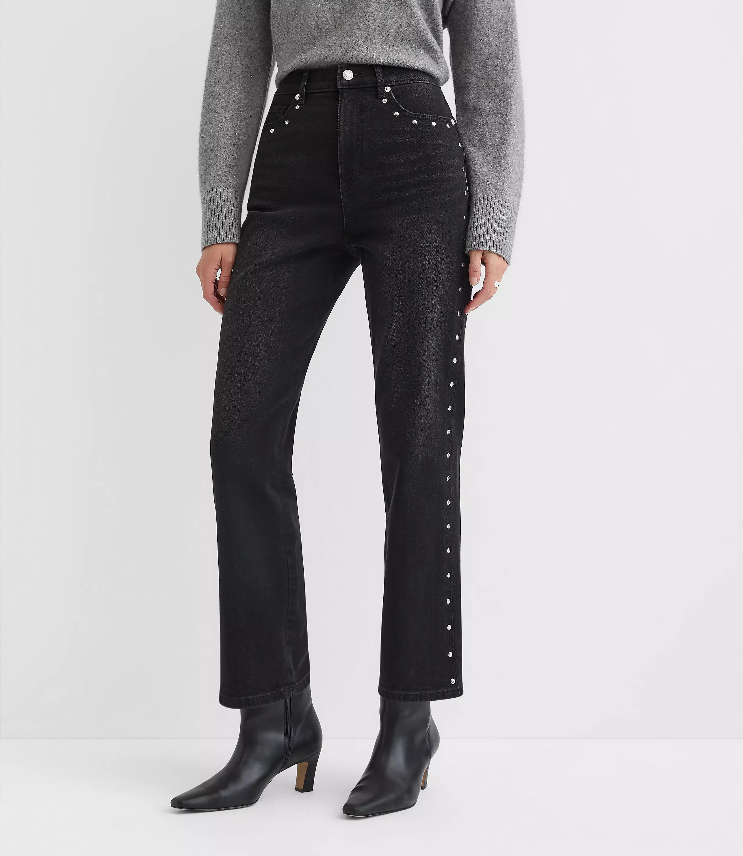 Studded High Rise Straight Jeans in Washed Black | LOFT