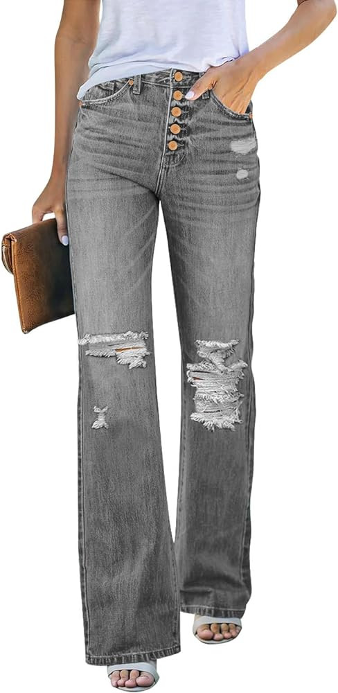 LookbookStore High Waisted Ripped Flare Jeans for Women Distressed Bell Bottom Jeans Wide Leg Pan... | Amazon (US)