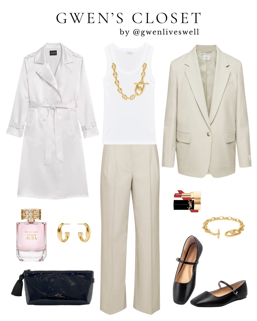 Neutral nights in Portugal 🤍✨ 

Effortlessly chic with a little edge — the kind of look that takes you from sunset drinks to late dinners without missing a beat.

Classic pieces, gold accents, and just enough polish 🖤

Clutch is Quilted Koala — use code GWEN20 for a little treat ✨

#LTKgrwm #LTKOver40 #LTKootd